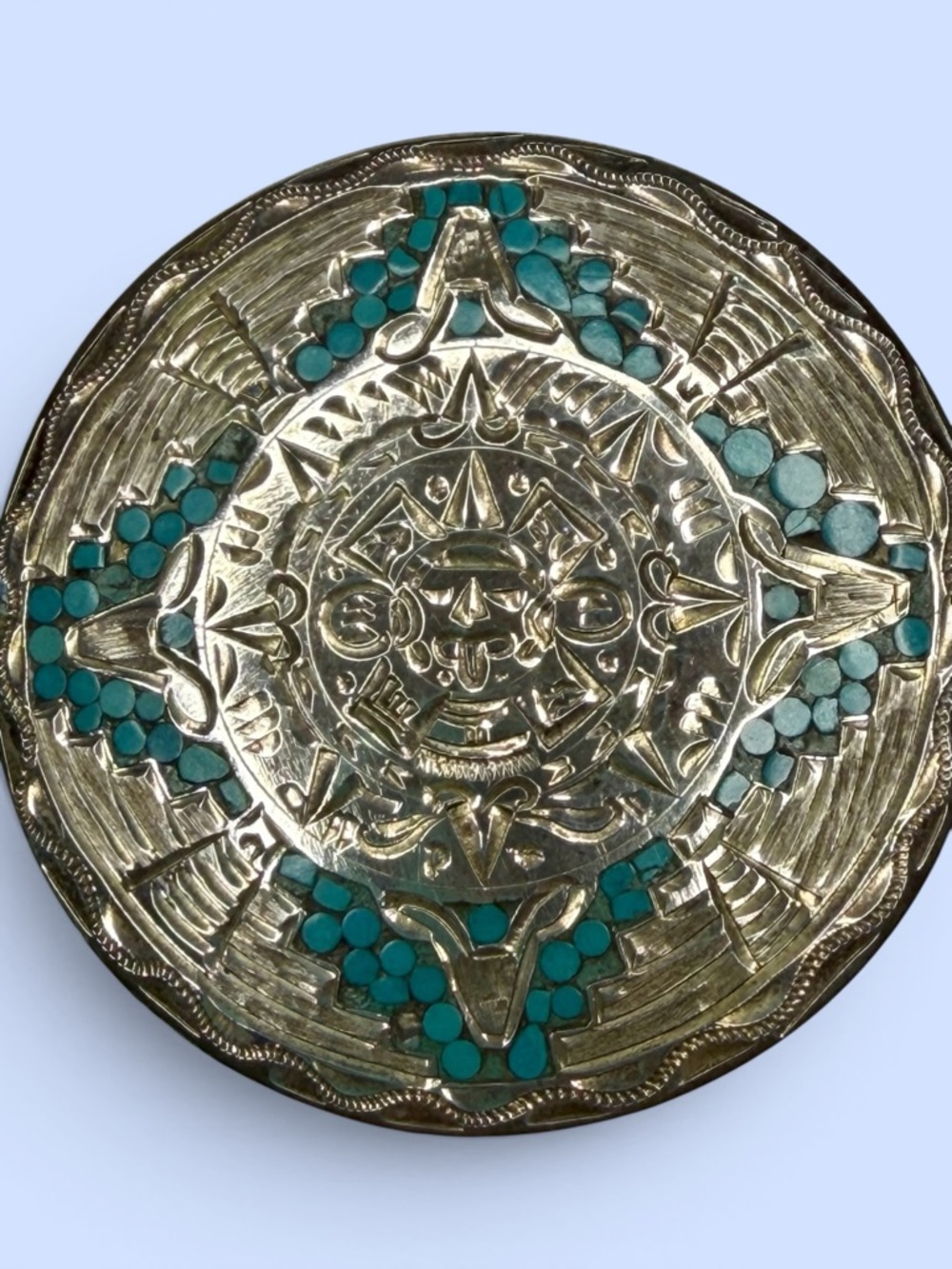 Mexico .925 Sterling Turquoise Inlay Brooch Pendant Aztec Sun God Marked JFG VTG - Picture 2 of 6